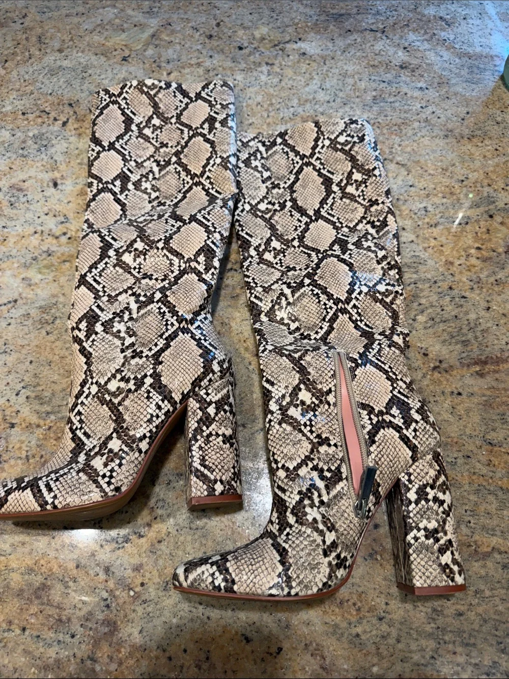Snake-Print Knee-High Block Heel Boots in Beige/Black